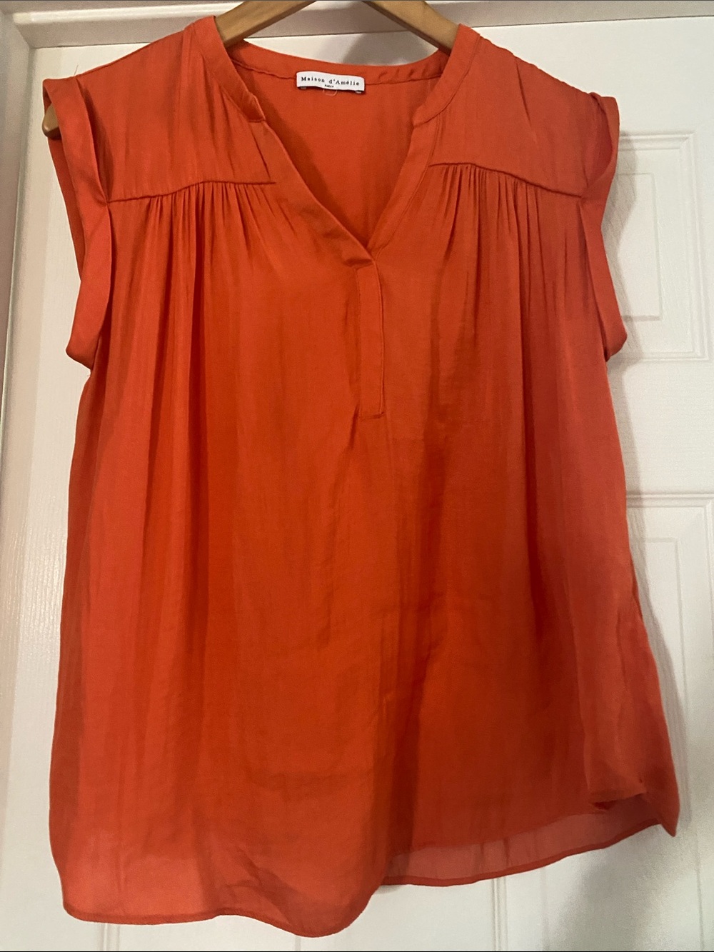 Pleated Orange V-Neck Cap Sleeve Blouse